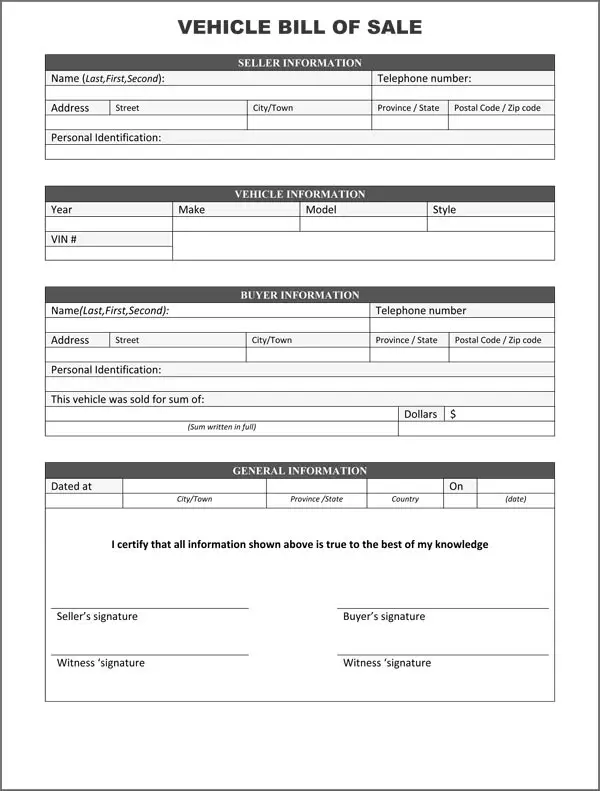 Free Blank Vehicle Bill Of Sale Form