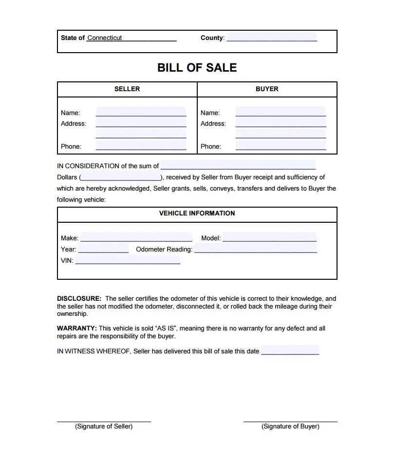 Connecticut bill of sale AS IS