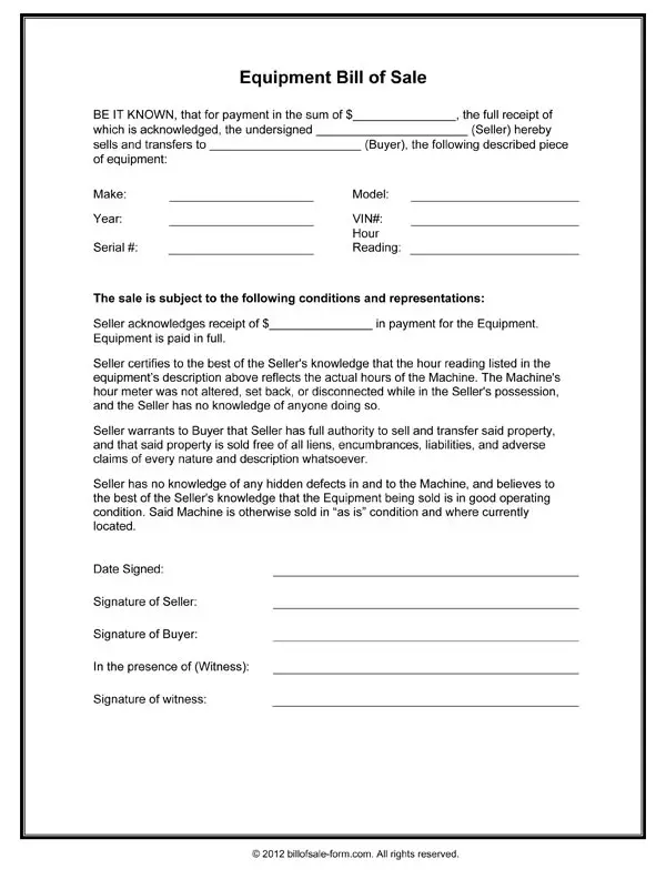 Equipment Bill Of Sale Form