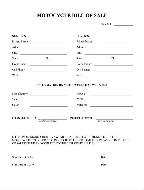 Motorcycle Bill Of Sale Form