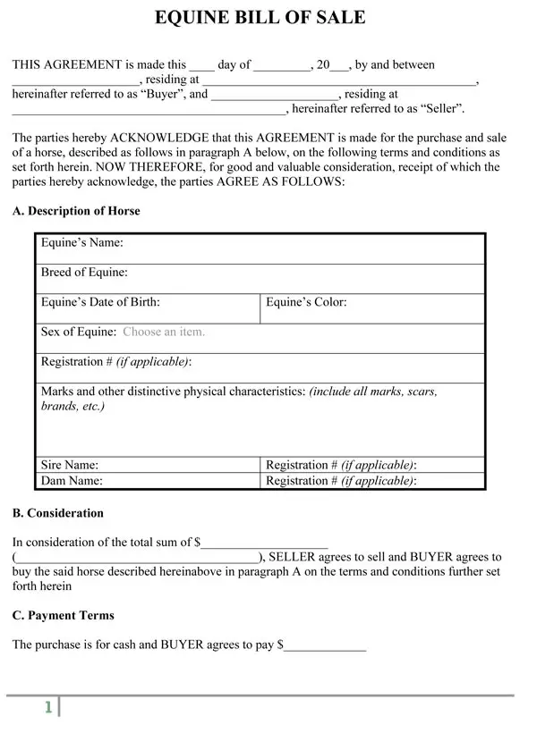 Equine Bill Of Sale Form