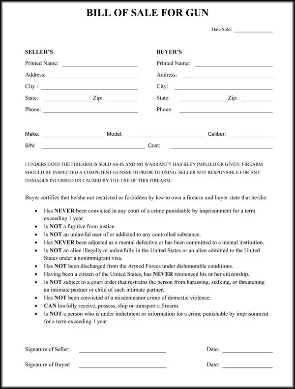 Gun Bill Of Sale Form